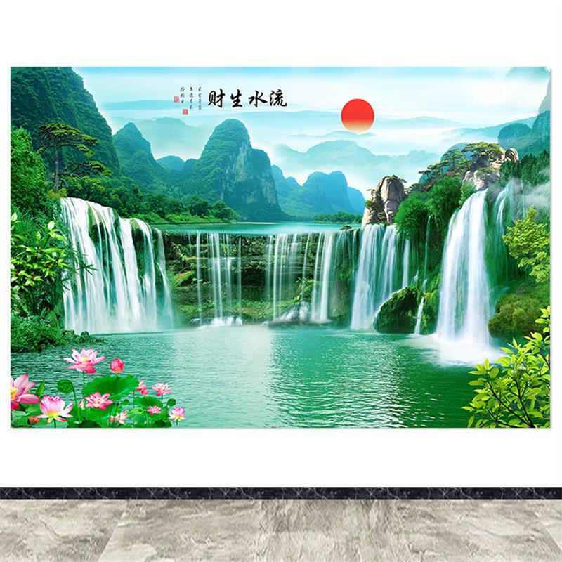 黄果树瀑布流水生财装饰画招财聚宝盆风水墙贴壁画旭日东升自粘画