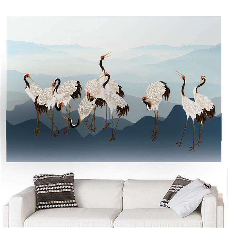 新中式国画仙鹤图客厅电视沙发背景墙贴酒店餐厅壁挂画自粘定制