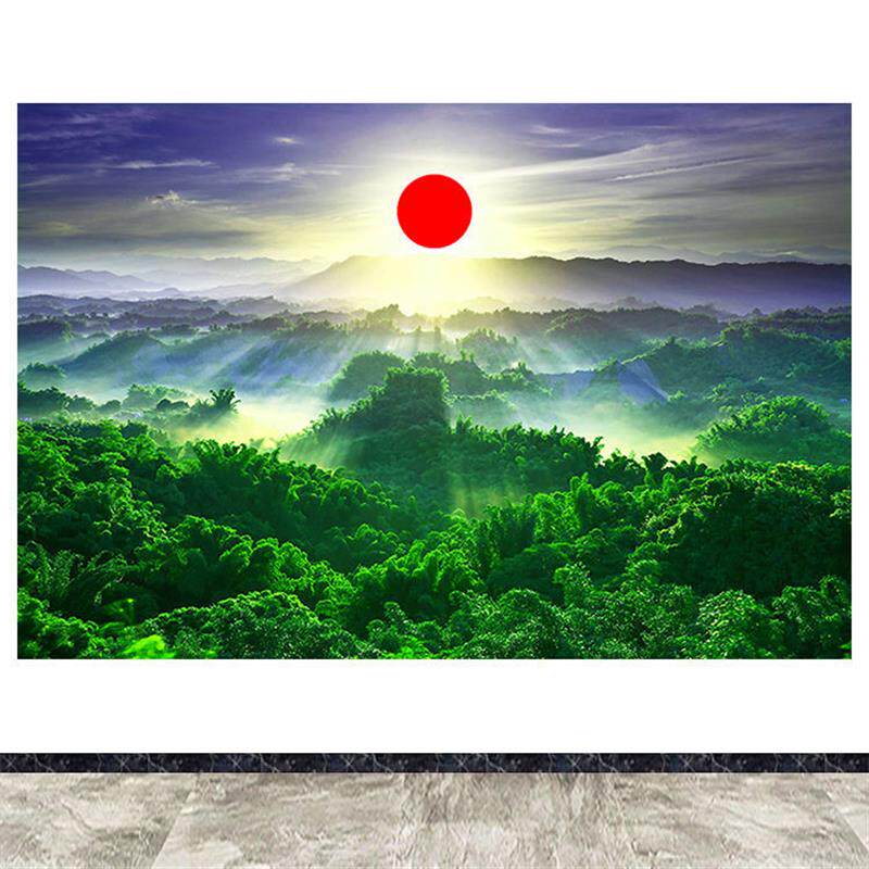 日出森林风景装饰画旭日东升风水客厅墙贴壁画绿色树林山林树木画