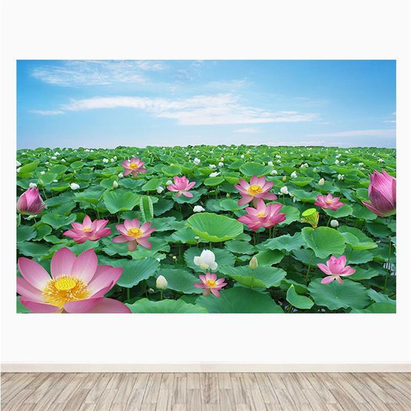 荷花池客厅电视沙发背景装饰画招财风水山水墙贴莲花壁画挂画自粘