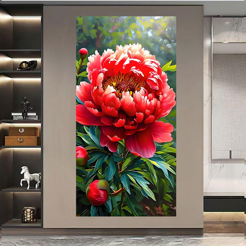 花开富贵牡丹图入户玄关现代装饰画油画风简约花卉客厅背景墙贴画