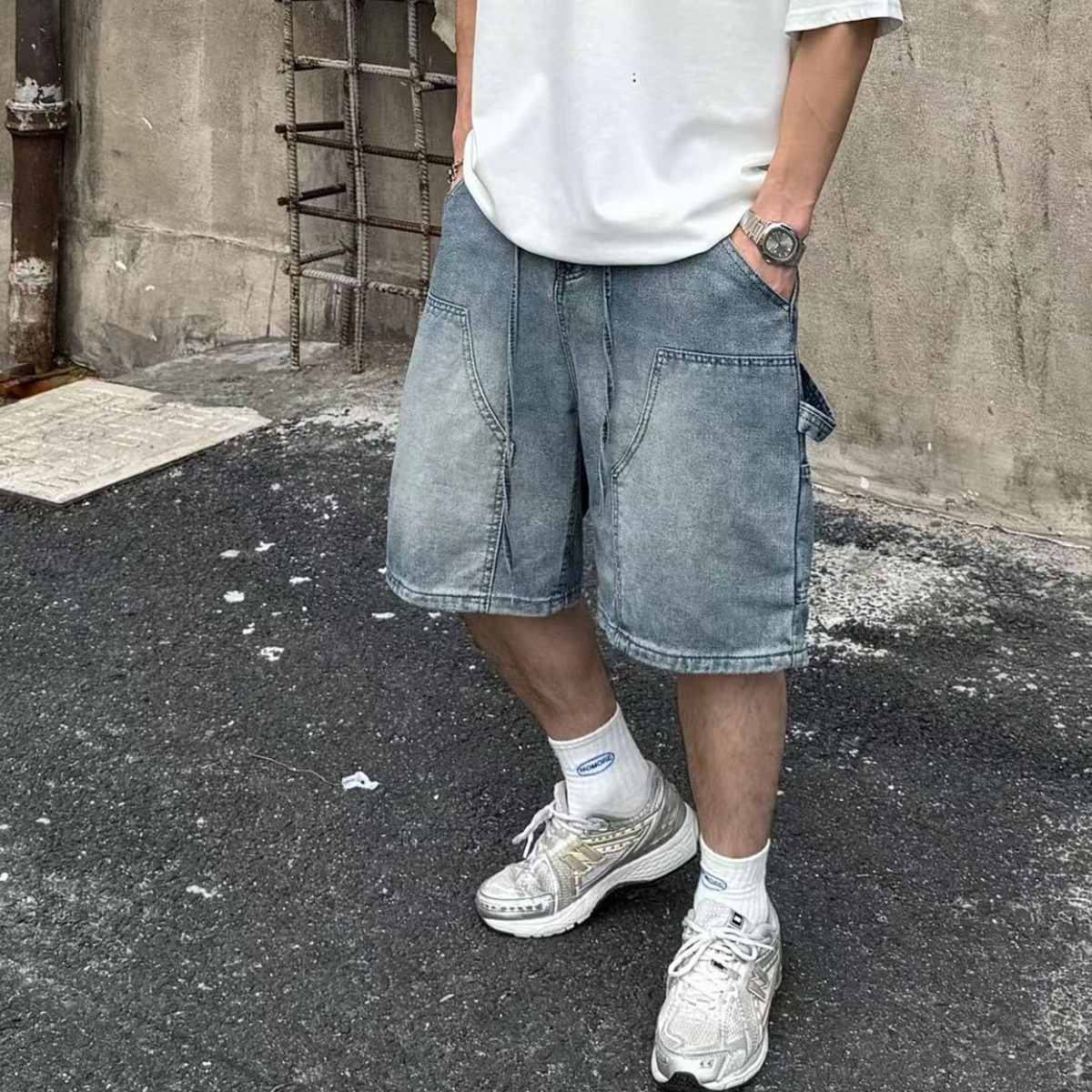 25秋季新款男士工装ins牛仔短裤水洗磨砂复古潮流日系直筒裤休闲