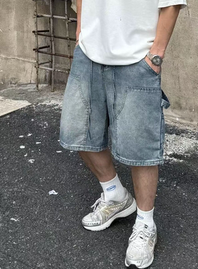 25秋季新款男士工装ins牛仔短裤水洗磨砂复古潮流日系直筒裤休闲