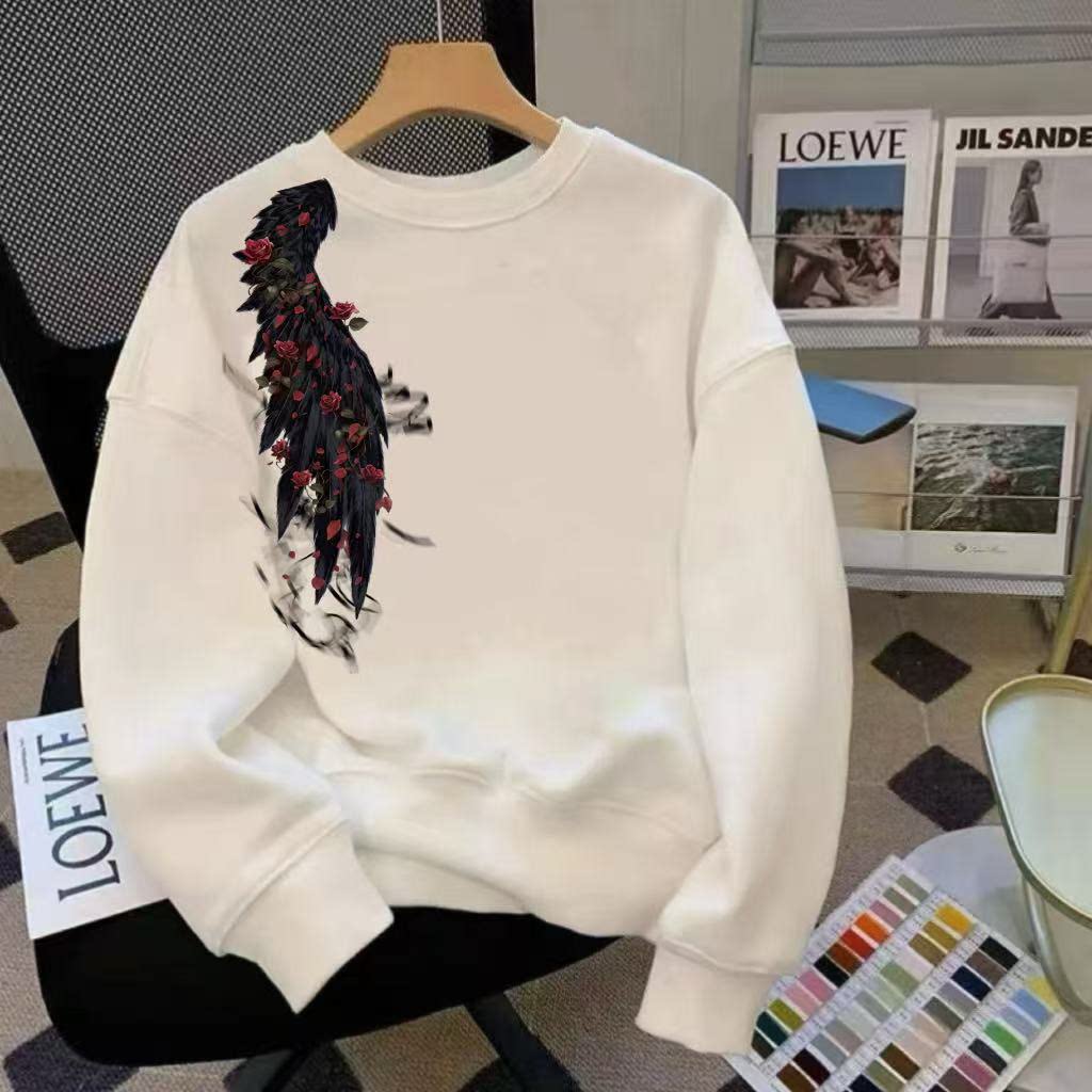 美式复古翅膀印花男女情侣圆领卫衣加绒加厚潮流ins无帽外套