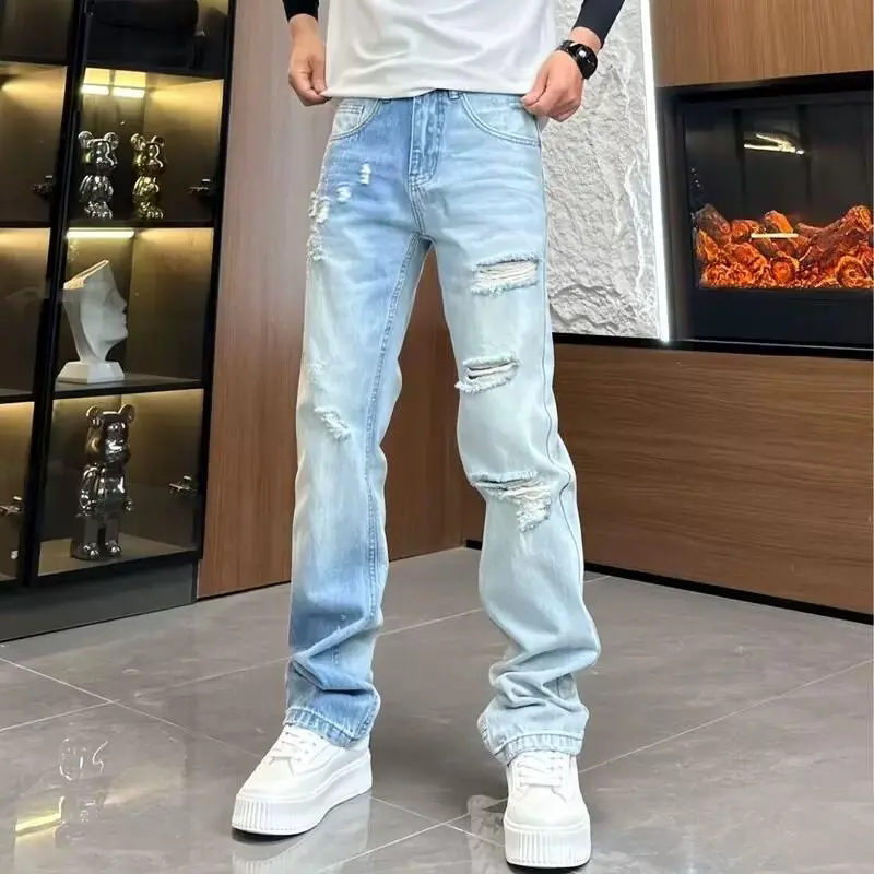 【轻奢潮流】夏破洞男复古水洗浅蓝破洞裤时尚男士百搭高街直筒裤