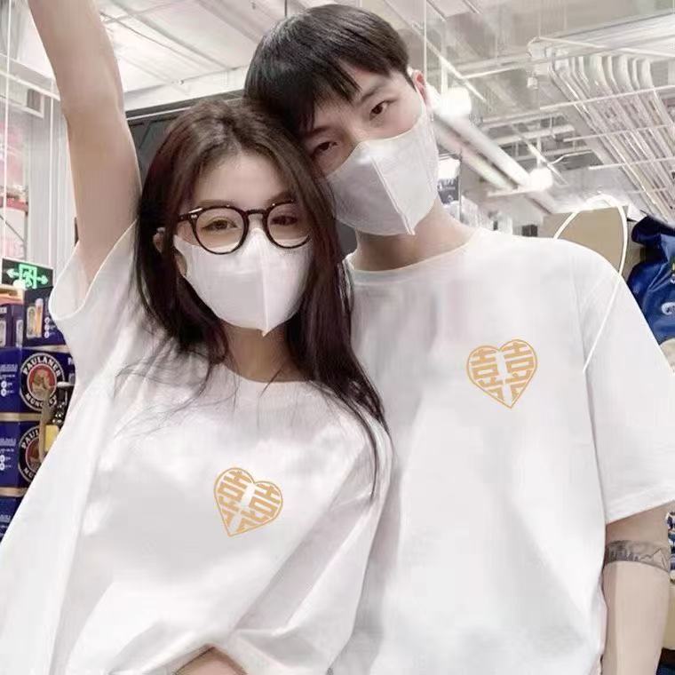 结婚登记照情侣装夏装小众设计感爱心囍字短袖T恤证件照领证衣服