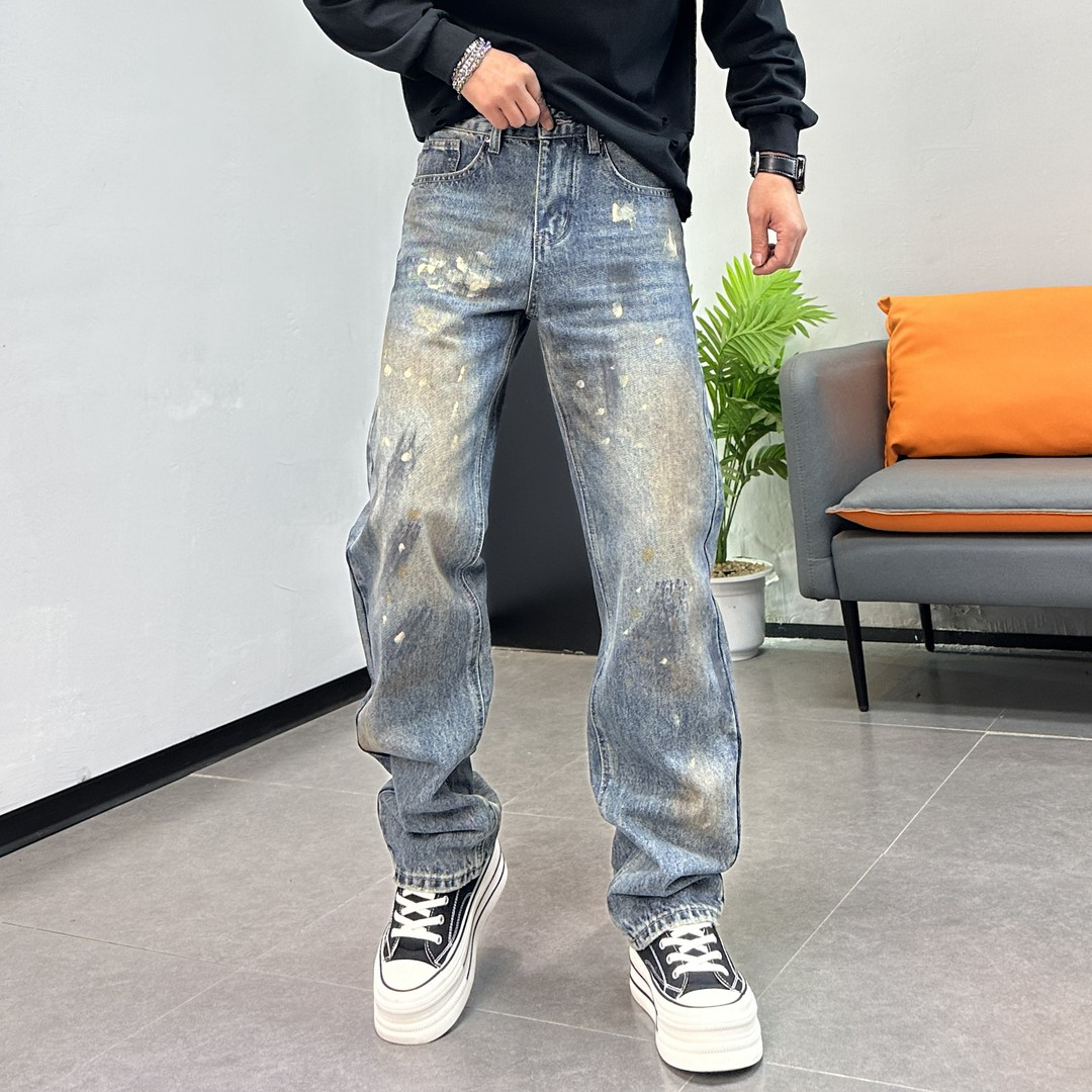 美式泼漆涂鸦做旧水洗直筒牛仔裤男士秋冬新款潮牌个性百搭长裤子
