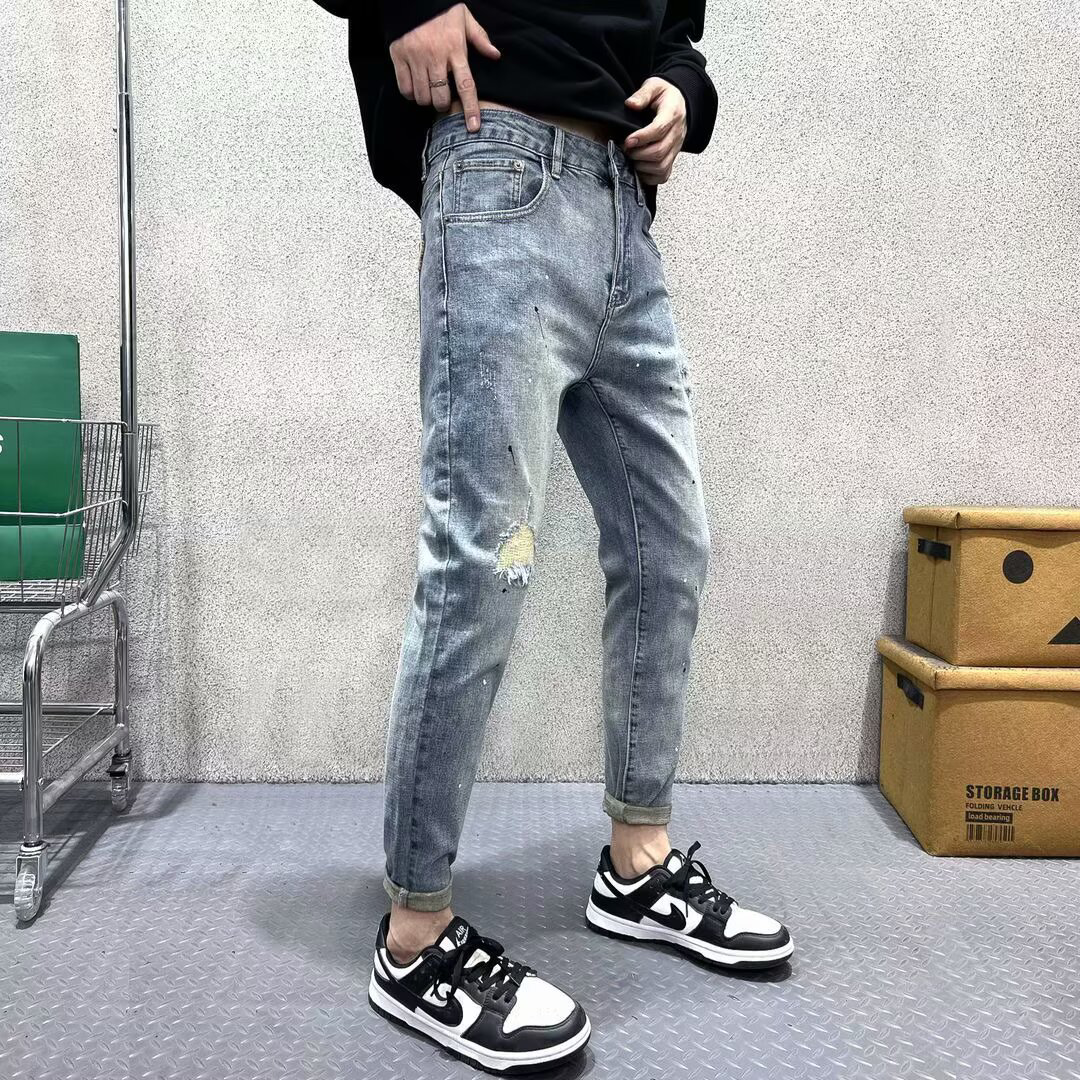 夏季男士个性泼墨牛仔裤休闲百搭小众补丁水洗做旧时尚小直筒长裤
