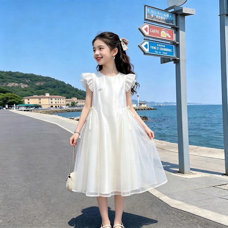 女童连衣裙夏季2026新款洋气高级超仙中大童甜美轻奢飞袖公主裙