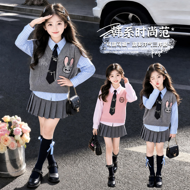 女童春秋季学院风JK学生装三件套图片