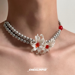 CHEALIMPID/.灰珍珠花朵双层choker项链小众设计高级潮辣妹锁骨链