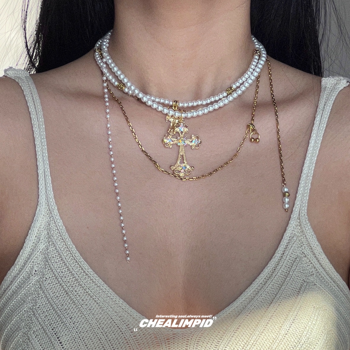 镀金珍珠叠戴多层设计项链合金女