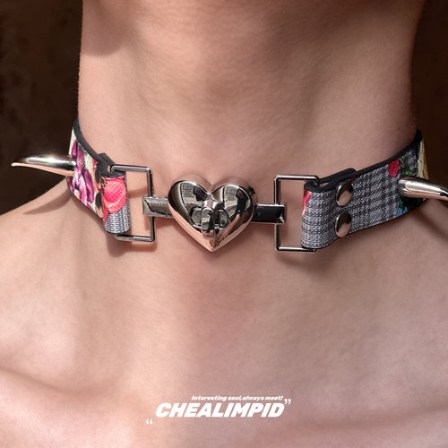 CHEALIMPID/.爱心锁扣格纹铆钉choker项圈y2k辣妹小众朋克颈项链