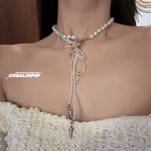 .蝴蝶结珍珠铆钉颈链串珠超仙复古气质少女choker项链 CHEALIMPID