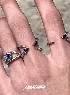 CHEALIMPID/.蓝宝石几何银刺开口戒指小众设计潮流街头嘻哈男女