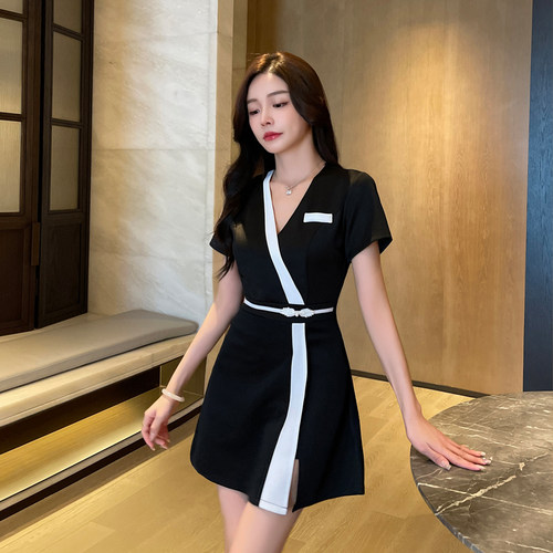 足疗女技师衣服按摩服装足浴工作服气质套装旗袍2025新款v领 工服