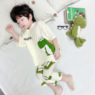 小孩睡衣男孩儿童夏季薄款2026新款宝宝恐龙男童家居空调服莫代尔