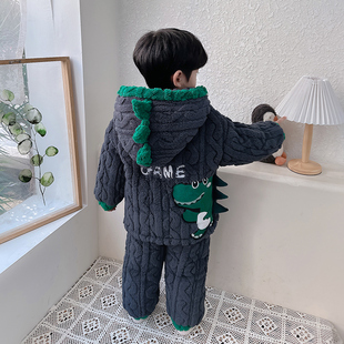 儿童睡衣男童冬季2025新款加厚夹棉三层恐龙宝宝珊瑚绒法兰绒外穿