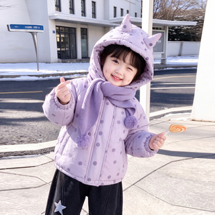 法国潮童轻奢女宝宝棉服衣外套儿童小孩冬季夹棉2026新款紫色圆点