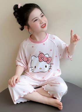 Kitty猫小女孩莫代尔睡衣6岁儿童夏季薄款宝宝短袖吸汗家居空调服