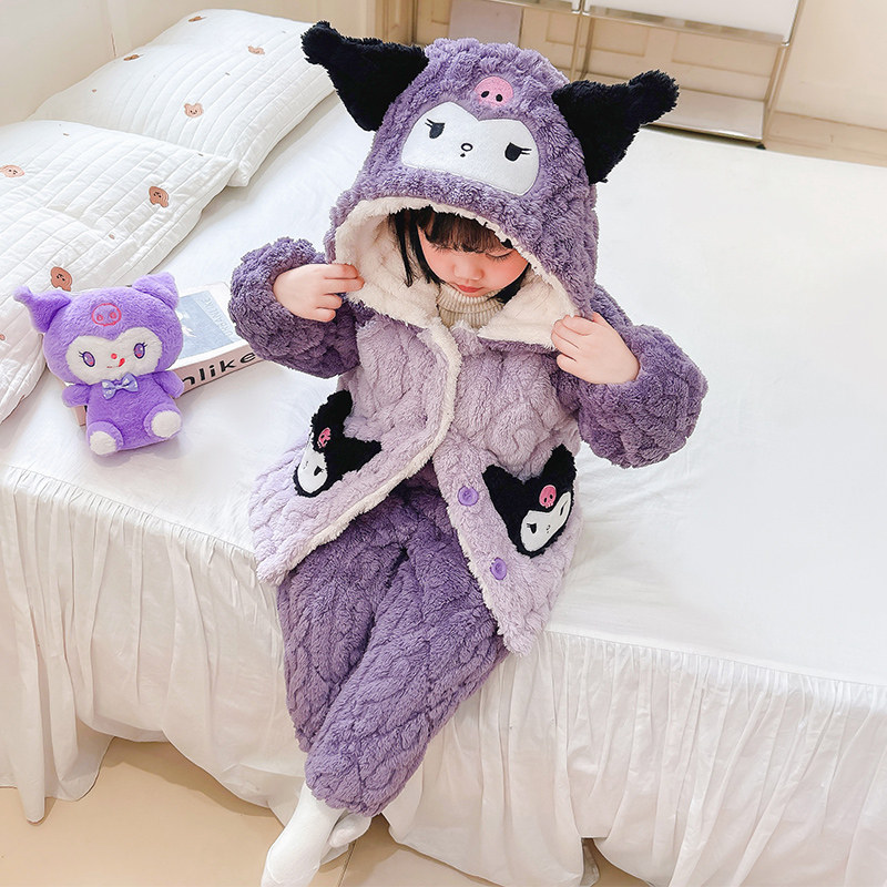 儿女童睡衣加厚冬季2025新款6三层夹棉珊瑚绒法兰宝宝小孩库洛米