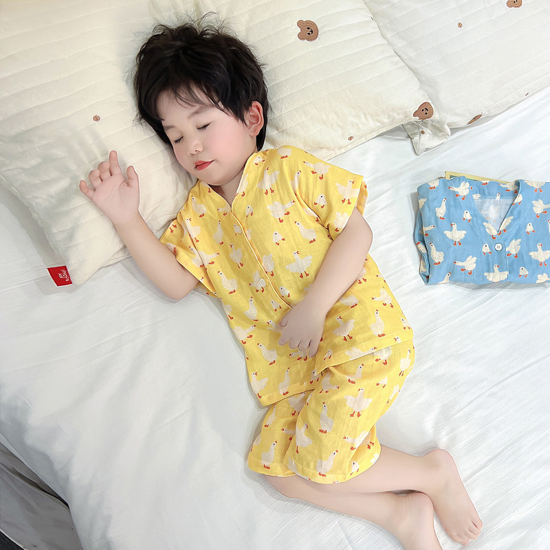 睡衣男儿童夏季薄款纯棉纱布2025新款宝宝短袖小孩家居空调服汗蒸