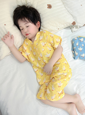 睡衣男儿童夏季薄款纯棉纱布2026新款宝宝短袖小孩家居空调服汗蒸