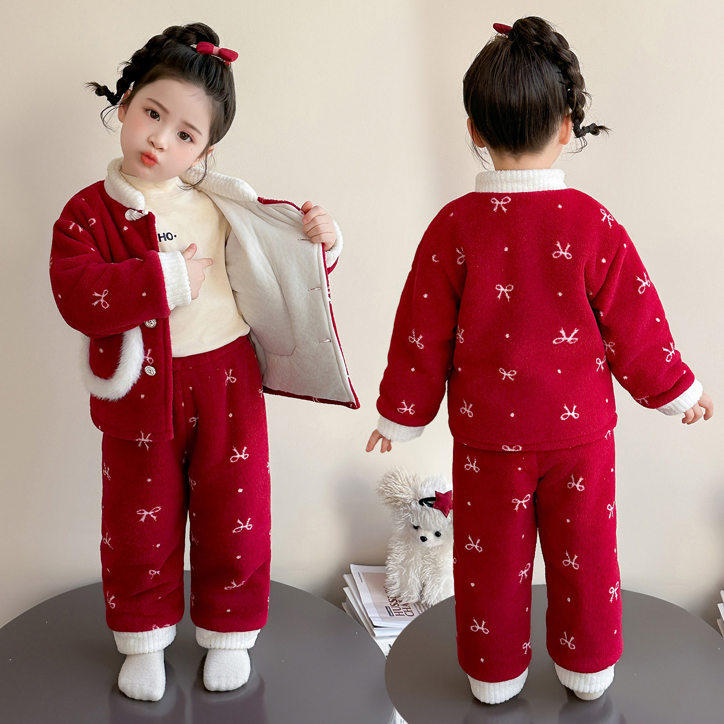 中国红珊瑚绒睡衣冬季~双层加厚