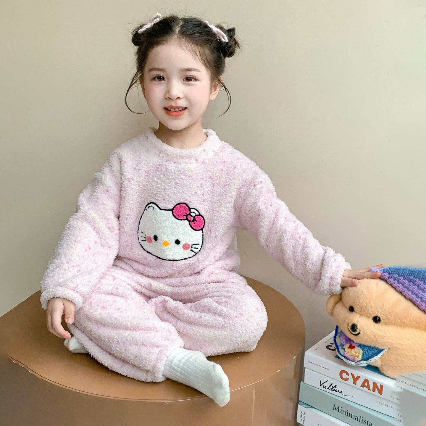 Kitty猫半边绒睡衣秋冬季2025新款宝宝小孩儿童法兰绒加绒加厚3岁