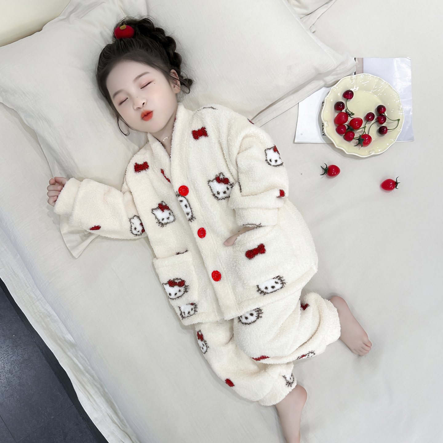 半边绒睡衣女儿童秋冬季2025新款宝宝小孩法兰加绒加厚Kitty猫3岁