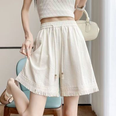 流苏短裤女2025新款外穿夏薄款高腰显瘦棉麻国风阔腿休闲五分裤子