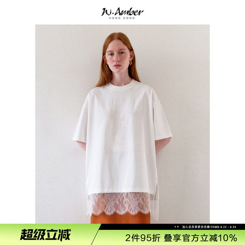 W.Amber蕾丝拼接烫珠T恤女2026夏季新款侧开叉圆领宽松短袖上衣