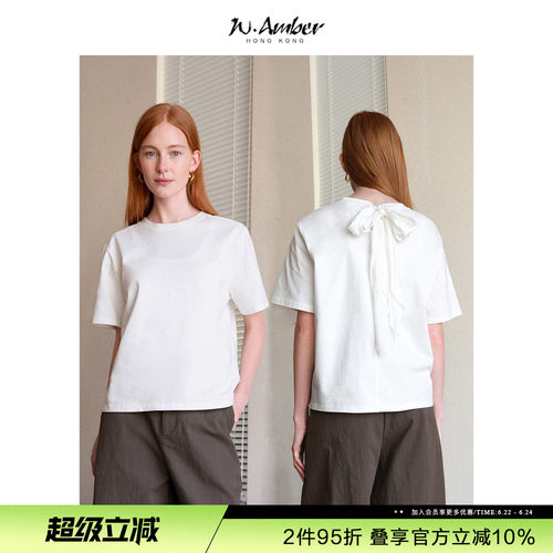 W.Amber100%棉设计感后领系带圆领纯色短袖T恤女2026夏季新款上衣