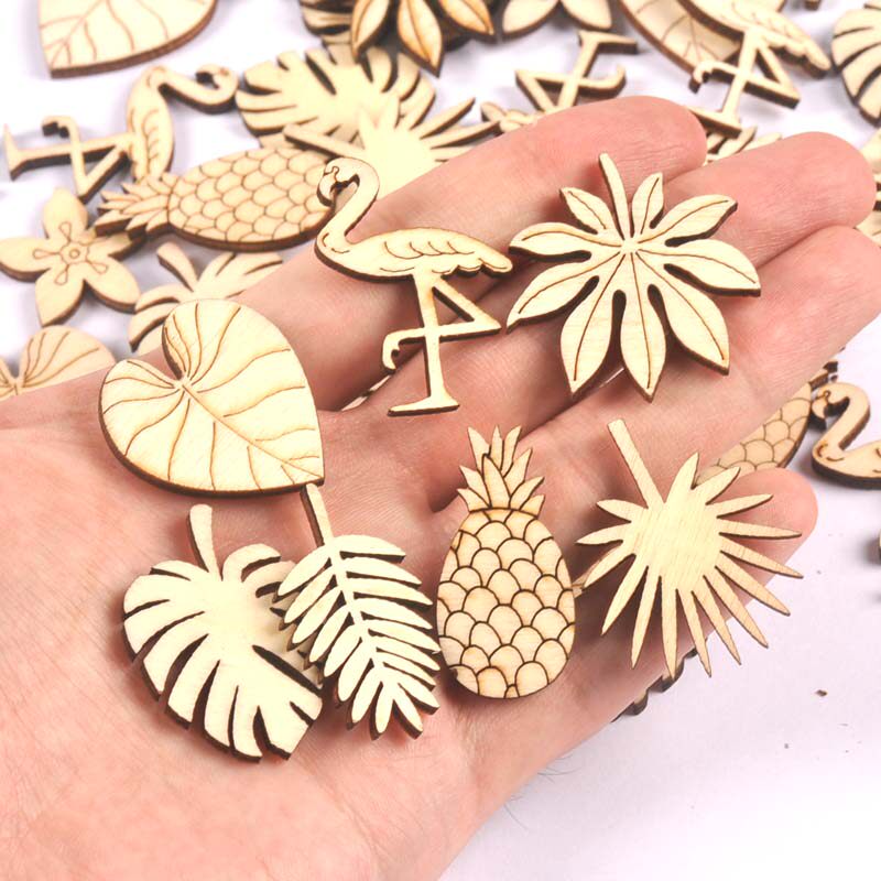 网红火烈鸟树叶图案木片儿童手工diy配件手账装饰材料50个