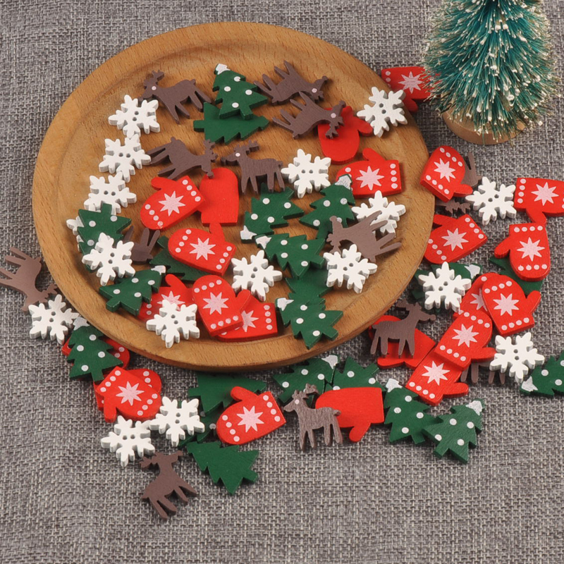 卡通圣诞树雪花图案木质木片手工DIY发饰文具冰箱贴装饰50个