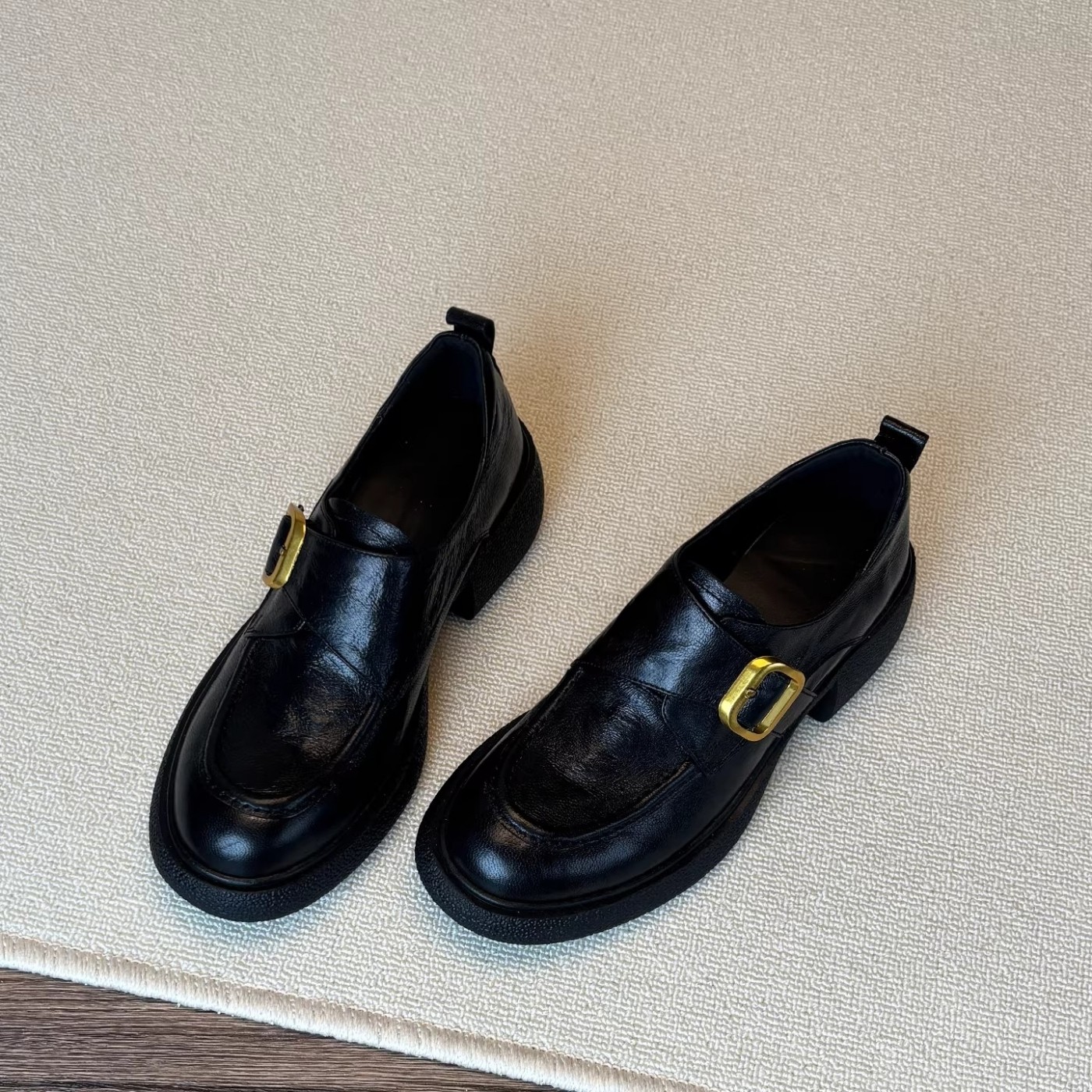 牛皮版~真皮英伦风黑色小皮鞋女单鞋圆头厚底粗高跟一脚蹬乐福鞋