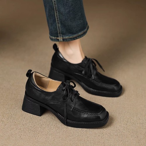 真皮复古小皮鞋女方头粗跟乐福鞋