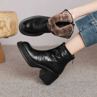 羊皮厚底高跟毛毛短靴女冬粗跟加绒马丁靴保暖棉鞋皮毛一体雪地靴