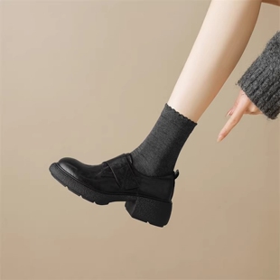 踩屎感！英伦风复古超软羊皮圆头厚底魔术贴小皮鞋女粗跟乐福单鞋