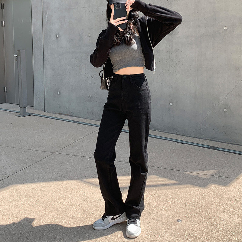 PEAR-SHAPED LARGE SIZE WOMENS ELASTIC DENIM STRAIGHT SPRING AND AUTUMN FAT SISTER MM HIGH WAIST LOOSE AND THIN LONG PANTS 200 CATTIES