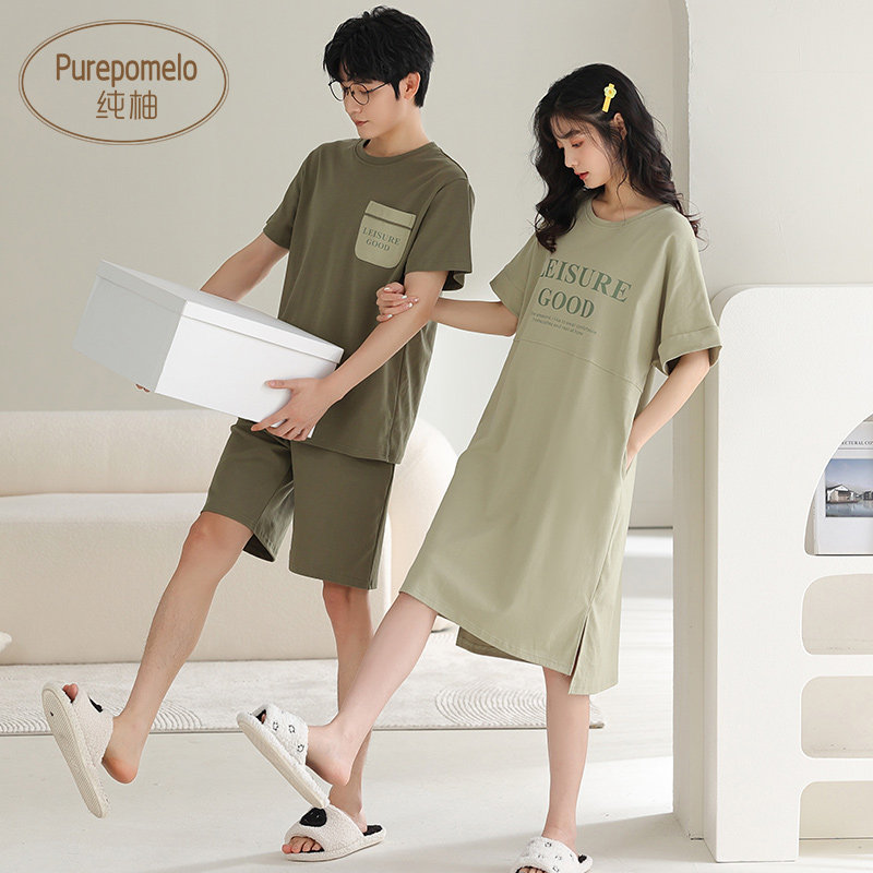 LYCRA莱卡 情侣睡衣夏季纯棉短袖睡裙家居服夏天大码男女薄款套装