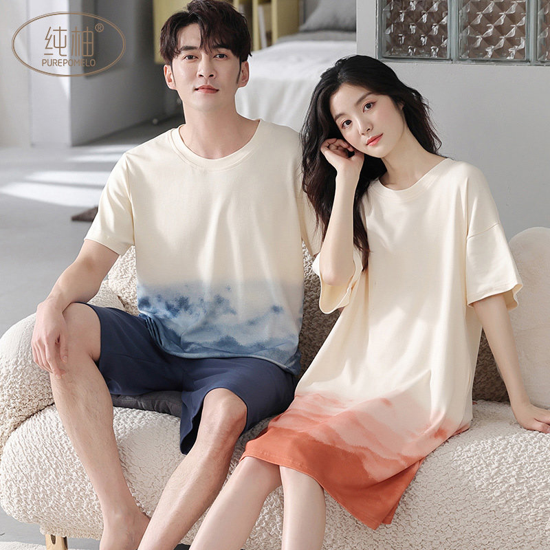 睡衣情侣装一男一女夏季纯棉短袖薄款睡裙卡通大码全棉家居服套装