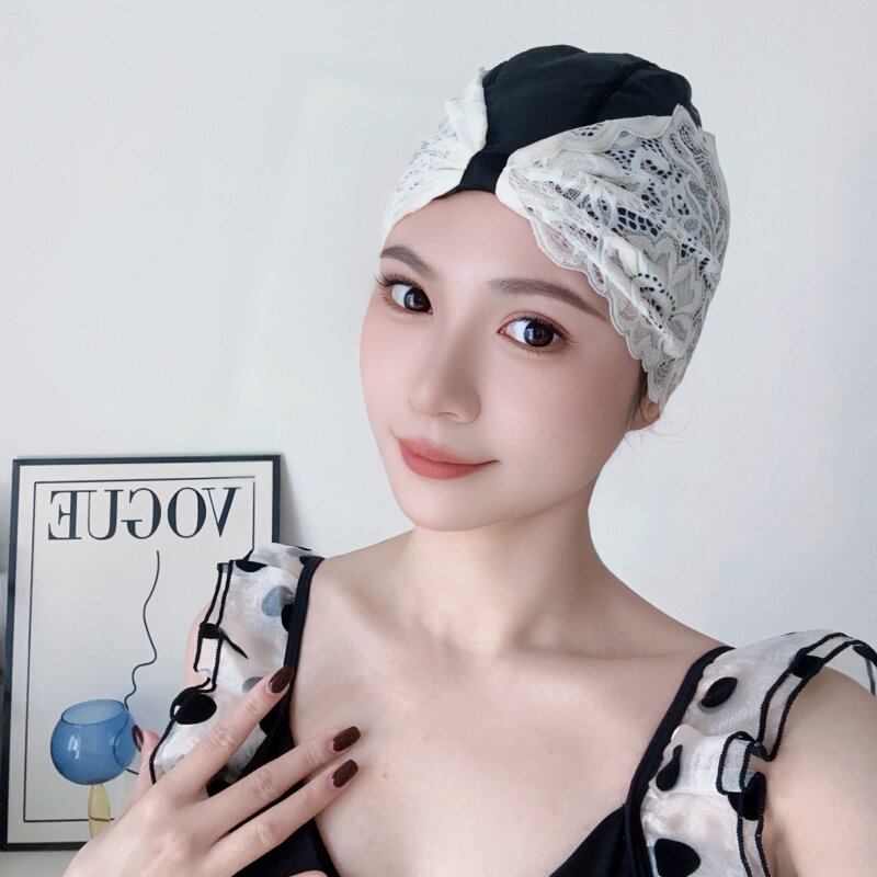 蕾丝泳帽女韩国时尚可爱长发护耳不勒头PU防水布料加大温泉游泳帽
