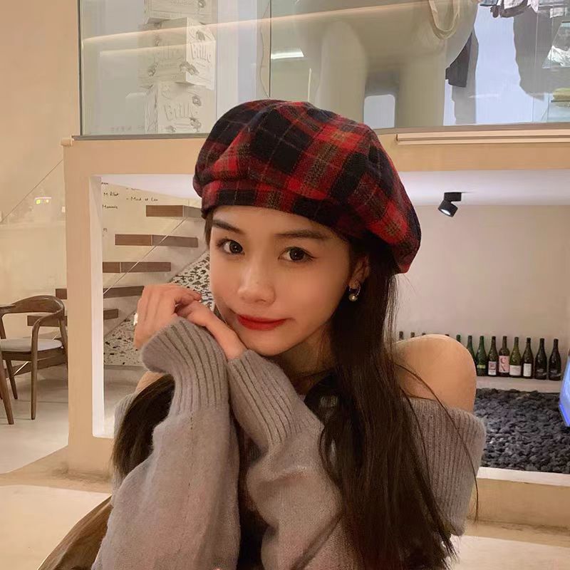 Chenyi Hat House格纹八角贝雷帽女大头围春夏秋季百搭帽子网红款