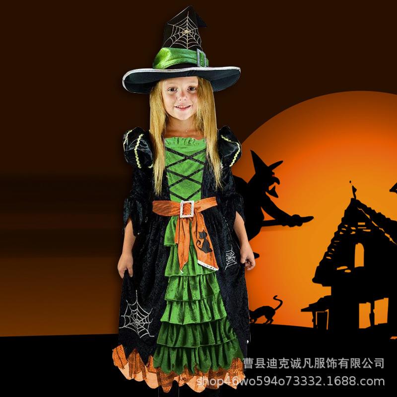 万圣节绿色儿童连衣裙 欧美变装舞会派对服装 舞台剧角色服装