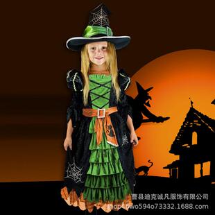 万圣节绿色儿童连衣裙 欧美变装舞会派对服装 舞台剧角色服装