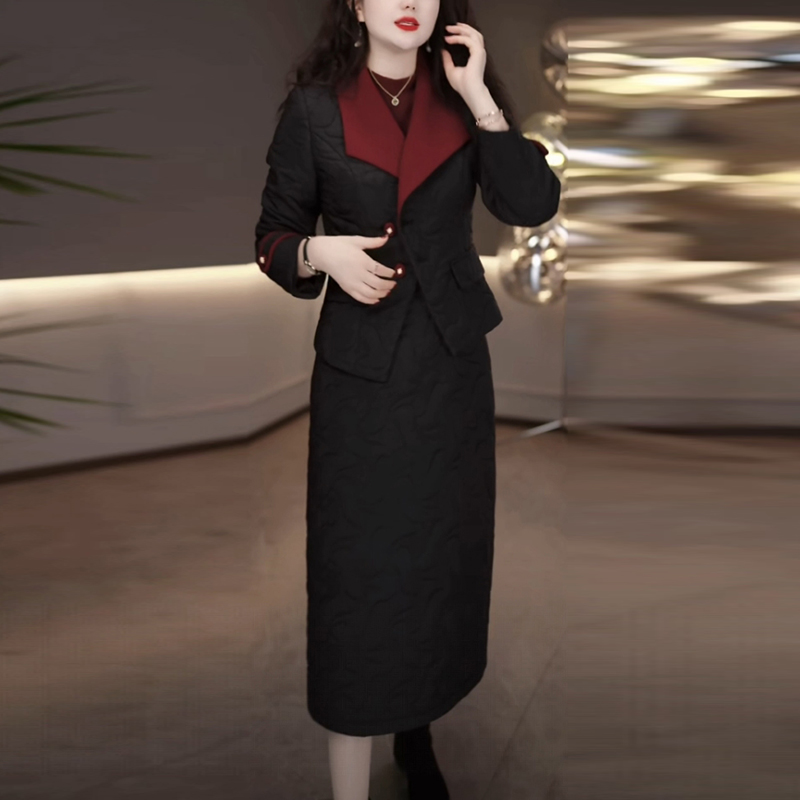 蓄热棉夹棉保暖大衣套装裙2025秋冬季新款黑瘦连帽两件套连衣裙子