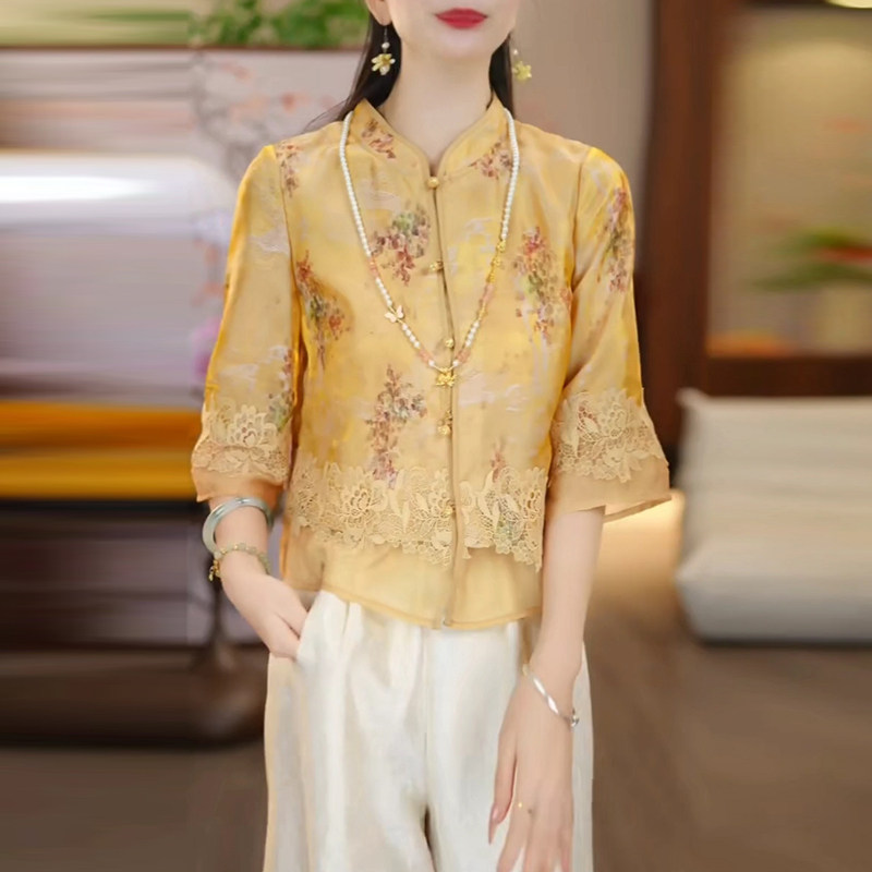 杭丝日常中国风短款外套女春夏季新款黄色复古新中式高贵轻奢上衣