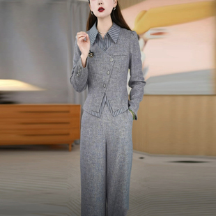 磨毛精纺上衣加裤子阔腿裤套装女春季穿搭漂亮出片衣服气质两件套