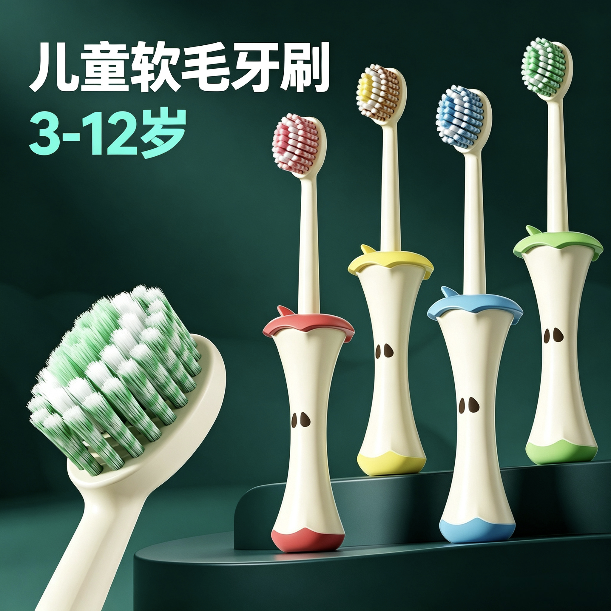 高档儿童牙刷软毛3-6-12岁宝宝小孩小学生换牙期训练刷牙苹果手柄